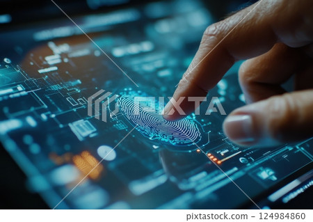 A hand is pointing at a digital fingerprint on a screen 124984860