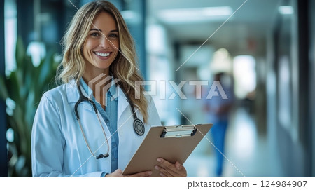 Healthcare professional smiling in hospital corridor portrait clinical environment positive vibes 124984907