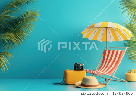 Relaxing beach scene with umbrella and chair tropical setting photography leisure atmosphere bright colors vacation vibe 124984909