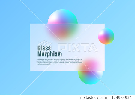 Minimalistic vector illustration with soft gradient background, glowing 3D spheres and translucent matte panel. Glass morphism style website landing page design template. Minimalistic vector illustration with soft gradient background, glowing 3D spheres and translucent matte panel. Glass morphism style website landing page design template. 124984934