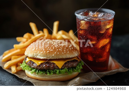 Delicious burger meal with fries and drink in a relaxed fast food setting Delicious burger meal with fries and drink in a relaxed fast food setting 124984988