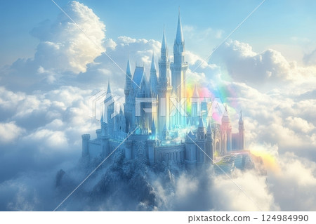 Enchanted fantasy castle ethereal art in a dreamscape above the clouds 124984990