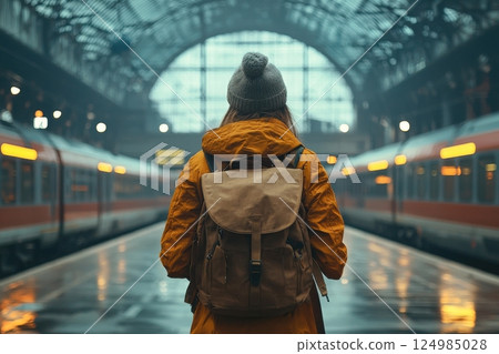 Traveler waiting at train station urban environment photography atmospheric mood 124985028
