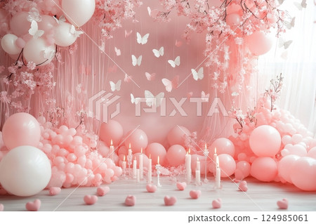 Wide angle photography of romantic pink balloon decor in an enchanting celebration space 124985061