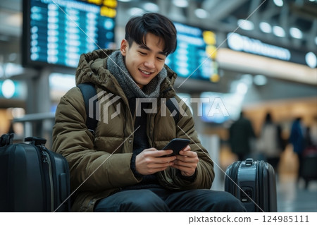 Travel enthusiast preparing for journey at airport urban setting candid shot joyful mood 124985111