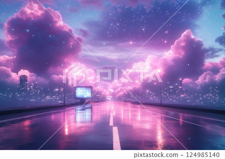 Vibrant nightscape of a rainy city road urban twilight digital art dreamy atmosphere 124985140