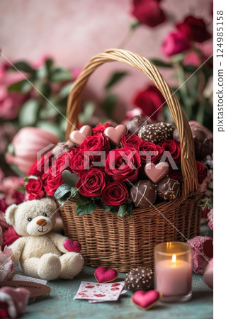 Romantic gift basket with roses and chocolates cozy setting still life soft lighting love concept 124985158