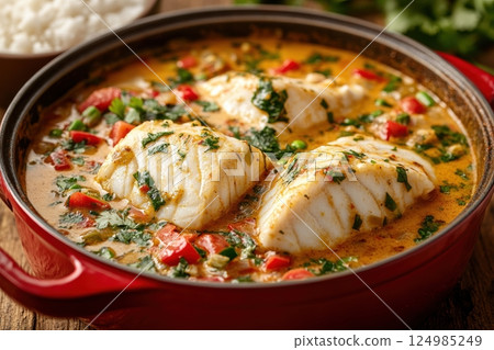 Delicious fish stew recipe home kitchen food photography cozy atmosphere close-up culinary art 124985249