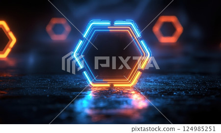 Close-up view of a modern neon hexagon display in a futuristic setting 124985251