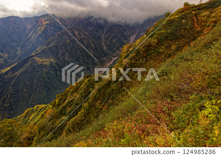 Ishiborobizawa, seen from the climb up the Kajikawa ridge of the Iide mountain range in autumn colors Ishiborobizawa, seen from the climb up the Kajikawa ridge of the Iide mountain range in autumn colors 124985286