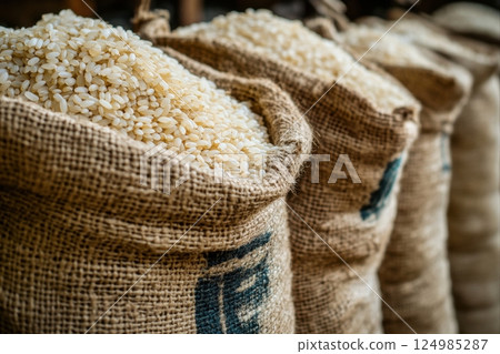 Harvesting rice agricultural storage local market food supply rustic setting close-up sustainability focus 124985287