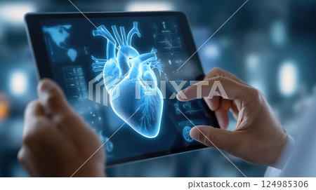 A doctor holds a glowing heart holographic in their hands. The concept of advanced medical technology, cardiology innovation, and digital healthcare solutions. Generative AI. 124985306