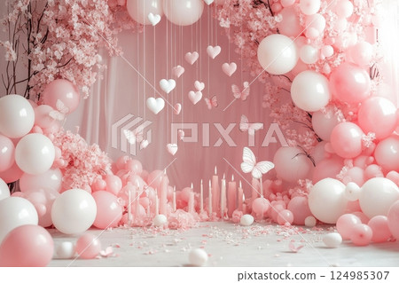 Romantic balloon decorations for playful indoor celebration atmospheres 124985307