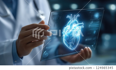 A doctor holds a glowing heart holographic in their hands. The concept of advanced medical technology, cardiology innovation, and digital healthcare solutions. Generative AI. 124985345