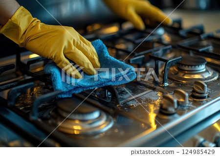 Cleaning kitchen gas stove home how-to guide domestic close-up maintenance tips 124985429