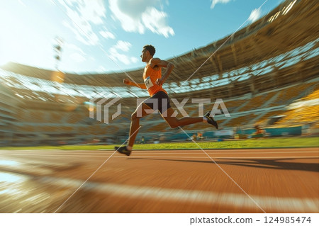 Runner sprinting at stadium athletic event sports arena dynamic action low angle view triumph in motion 124985474