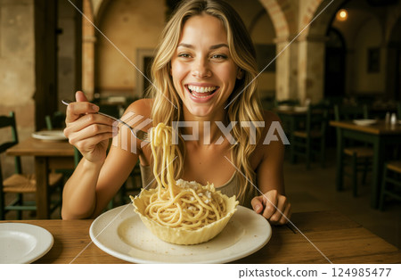 Smiling woman eating cacio e pepe pasta in traditional Roman restaurant. Ai generated 124985477