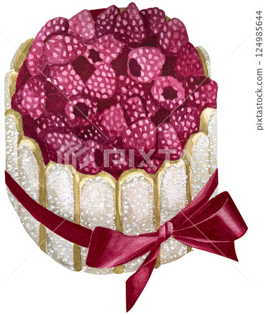 Watercolor illustration raspberry cake with a pink ribbon, element design great for cards, banners, headers, party posters or decorate your artwork. 124985644