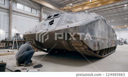 Factory worker inspects military vehicle in large industrial facility during day shift Factory worker inspects military vehicle in large industrial facility during day shift 124985663