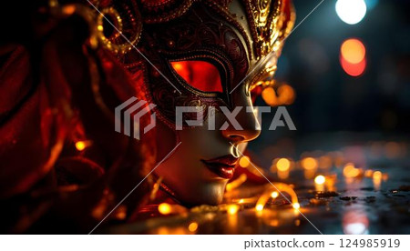 A mask with red lights, celebrating at a vibrant carnival parade filled with colorful costumes A mask with red lights, celebrating at a vibrant carnival parade filled with colorful costumes 124985919