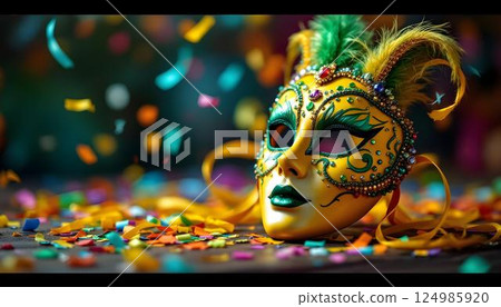 A vibrant mask adorned with feathers and confetti, perfect for a carnival parade or festive street party A vibrant mask adorned with feathers and confetti, perfect for a carnival parade or festive street party 124985920