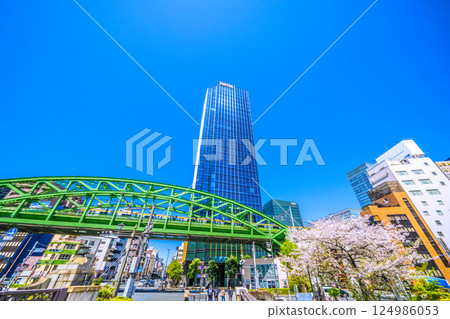 日本東京城市景觀:總武本線松津橋立體交叉橋上行駛的總武線、摩天大樓、櫻花等。 日本東京城市景觀:總武本線松津橋立體交叉橋上行駛的總武線、摩天大樓、櫻花等。 124986053