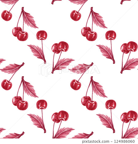 Seamless pattern with sprig of two cherries with leaf. Monochrome Cherry twigs. Watercolor illustration isolated on white repeat background. Red berries for textile, packaging liqueur, tincture, jam 124986060