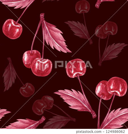 A sprig of two cherries with leaf. Monochrome Cherry twigs. Seamless pattern. Watercolor illustration isolated on dark maroon background. Red berries for textile, packaging liqueur, tincture, jam A sprig of two cherries with leaf. Monochrome Cherry twigs. Seamless pattern. Watercolor illustration isolated on dark maroon background. Red berries for textile, packaging liqueur, tincture, jam 124986062