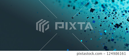 The artwork showcases an abstract background of geometric shapes in vibrant shades of blue and purple. 124986161