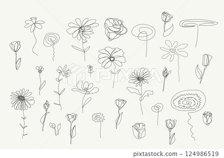 Collection of hand drawn outline garden flowers. One line art design. Beautiful blooming elegant set of drawing floral elements isolated on gray background 124986519