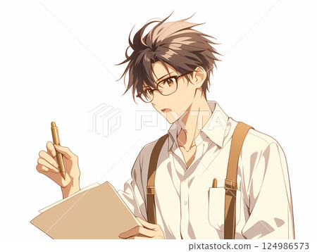 A young man wearing glasses checking documents A young man wearing glasses checking documents 124986573