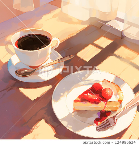 A square-sized illustration of strawberry tart and coffee on a table by the window, painted with an oil painting touch 124986624