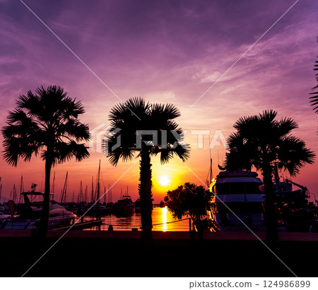 Beautiful sunset sky in the marina bay. View of harbor with yachts  124986899
