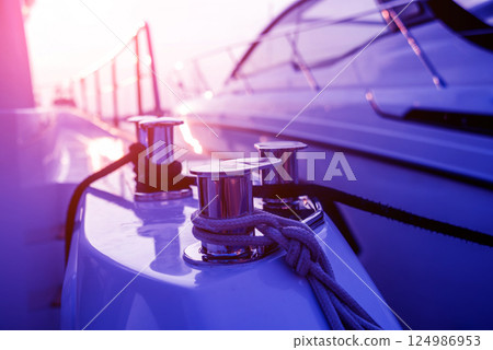 Shining metallic yacht deck details. Daylight background. 124986953