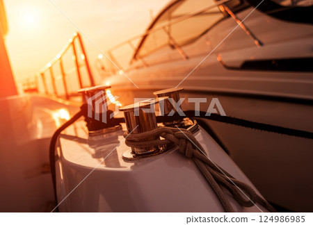 Shining metallic yacht deck details. Daylight background. 124986985