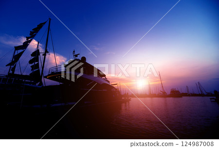 Beautiful view of marina and harbor with yachts and motorboats.  124987008