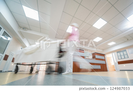 Nurses moves medical stretcher with patient at hospital. Medical equipment. Nurses moves medical stretcher with patient at hospital. Medical equipment. 124987033