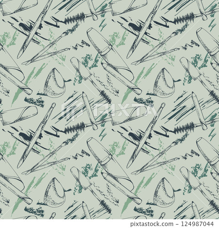 Make-up mascara tube smudge eyebrow eyelash pencil crayon liner, sponge brush. Isolated seamless pattern, detailed vector sketch, ink hand drawn. Beauty parlor, packaging, cosmetics shop illustration Make-up mascara tube smudge eyebrow eyelash pencil crayon liner, sponge brush. Isolated seamless pattern, detailed vector sketch, ink hand drawn. Beauty parlor, packaging, cosmetics shop illustration 124987044