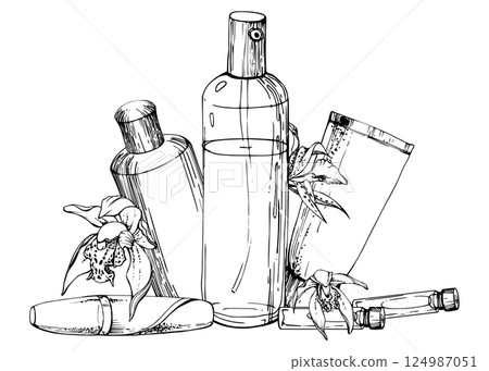 Spray mist bottle perfume cologne samplers, cream tube, bath gel shampoo, exotic orchid flowers. Line vector hand drawn ink sketch, isolated composition. Beauty parlor illustration, cosmetics shop. 124987051