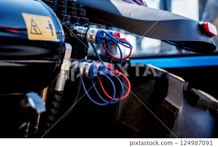 Rear view of modern agricultural tractor. Industrial details. Rear view of modern agricultural tractor. Industrial details. 124987091