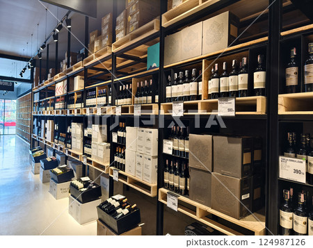 A spacious shop warehouse that contains numerous wine bottles and boxes 124987126
