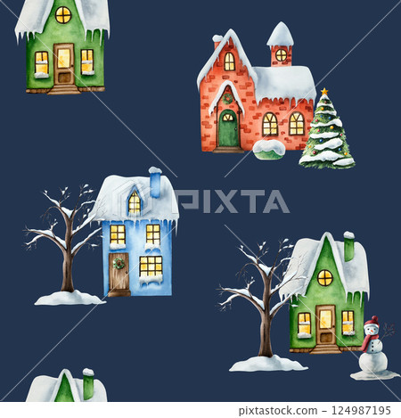 Winter seamless pattern with snow-covered house. Christmas tree watercolor, hand painted illustration isolated on background. For designers, decoration, shop, for postcards, wrapping paper, covers Winter seamless pattern with snow-covered house. Christmas tree watercolor, hand painted illustration isolated on background. For designers, decoration, shop, for postcards, wrapping paper, covers 124987195