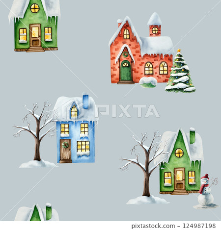 Winter seamless pattern with snow-covered house. Christmas tree watercolor, hand painted illustration isolated on background. For designers, decoration, shop, for postcards, wrapping paper, covers 124987198