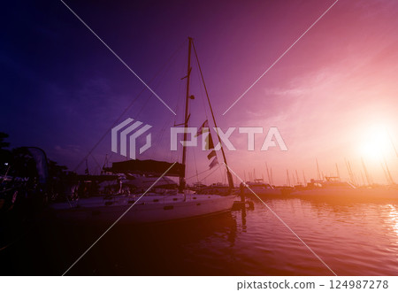 Beautiful view of marina and harbor with yachts and motorboats. 124987278