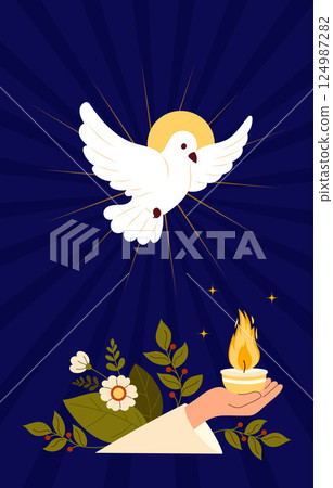 Divine Dove and Hand with Burning Fire Vigil lamp on Blue Background. Pentecost Sunday Holy Spirit Banner. Catholic, Christian Religious Holiday. Vertical Poster Biblical Series. Vector Illustration 124987282