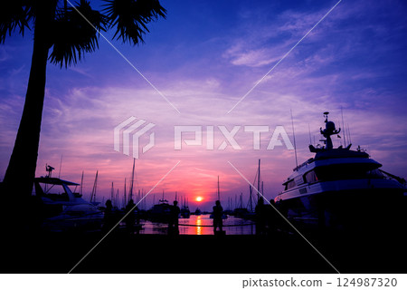 Beautiful sunset sky in the marina bay. View of harbor with yachts 124987320