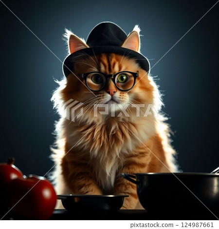 cat in hat eating food concept 124987661