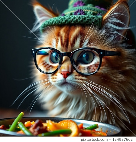 cat in hat eating food concept 124987662