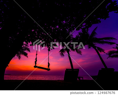 Beautiful tropical beach with palm trees. Sunrises and sunsets. Ocean. Beautiful tropical beach with palm trees. Sunrises and sunsets. Ocean. 124987676