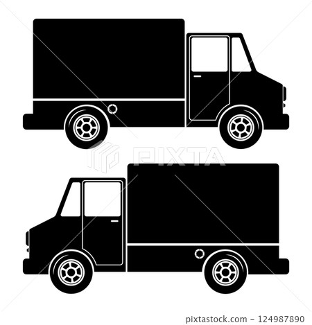 Silhouette Delivery Truck Vector Illustration. Black and white silhouette vector illustration of a box delivery truck viewed from the side. Silhouette Delivery Truck Vector Illustration. Black and white silhouette vector illustration of a box delivery truck viewed from the side. 124987890
